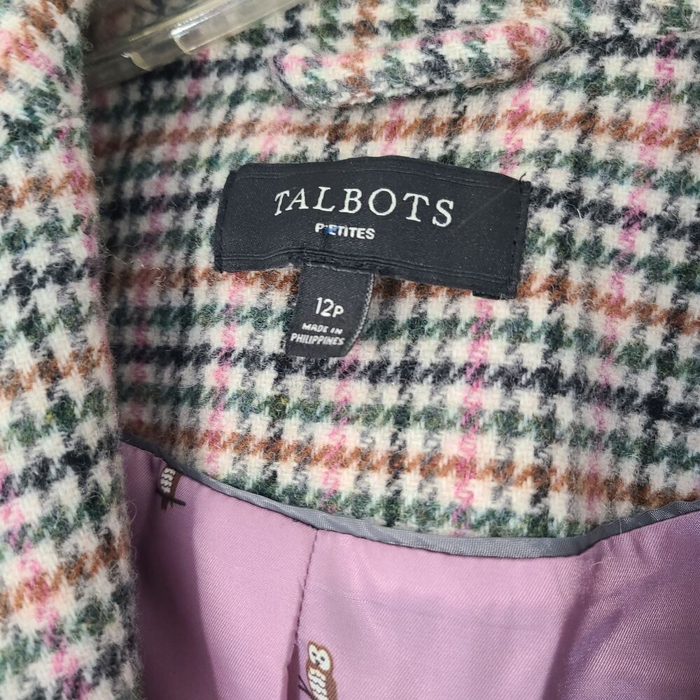 Talbots Beige Houndstooth Owl Print Lined Classic Preppy Blazer Wool 12P - Picture 3 of 14